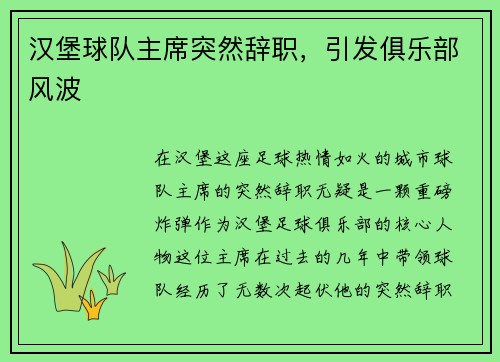 汉堡球队主席突然辞职，引发俱乐部风波